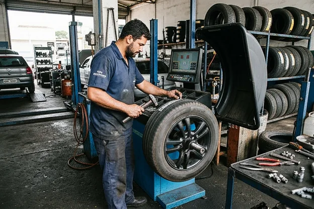 Equipamento de balanceamento de rodas em funcionamento em uma borracharia.